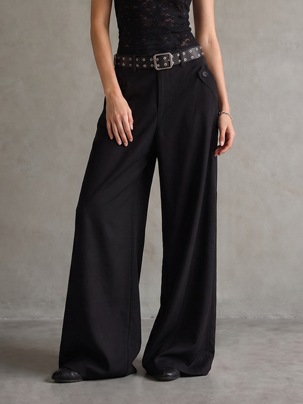 Pantalon boutonné ample à poches, avec ceinture, à jambes larges, couleur unie