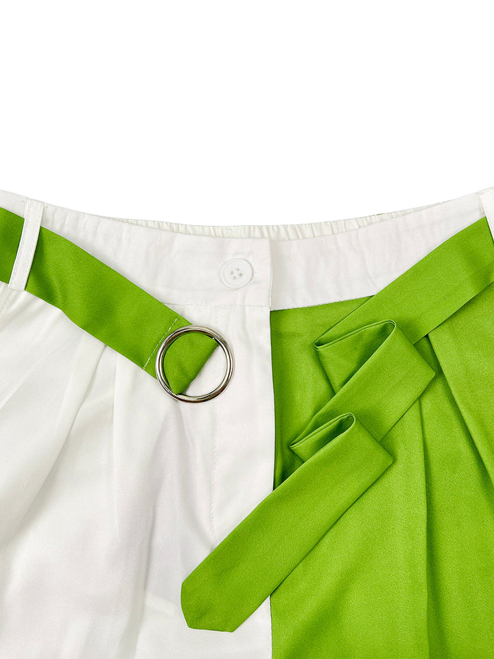 Pantalon plissé taille haute, avec ceinture, couleur contrastée