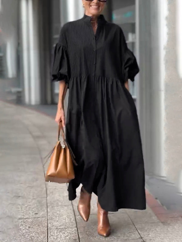 Robe longue boutonnée plissée ample à taille nouée, à manches mi-longues, à col montant, couleur unie