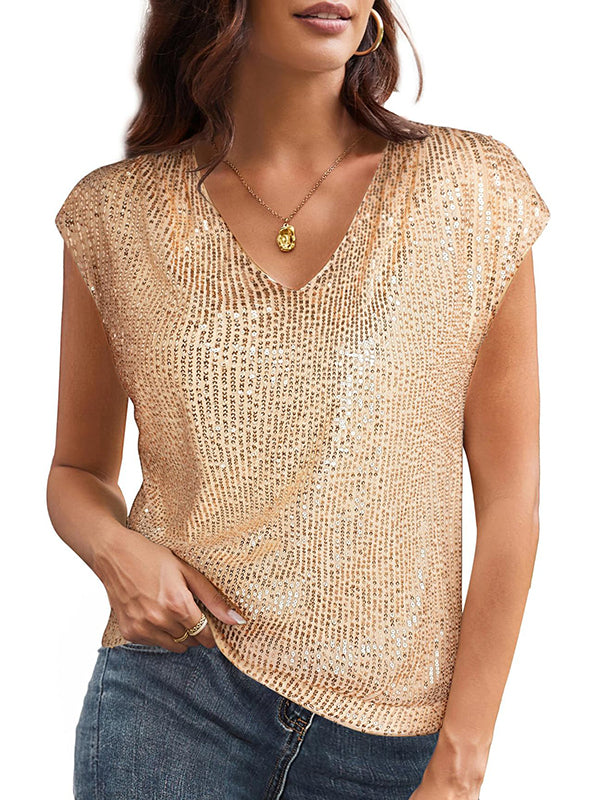 T-shirt ample brillant à manches chauve-souris, à sequins, à col en V