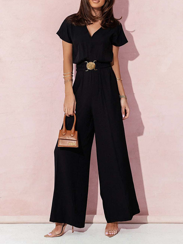 Combinaison ample plissée taille haute, avec ceinture, à col en V