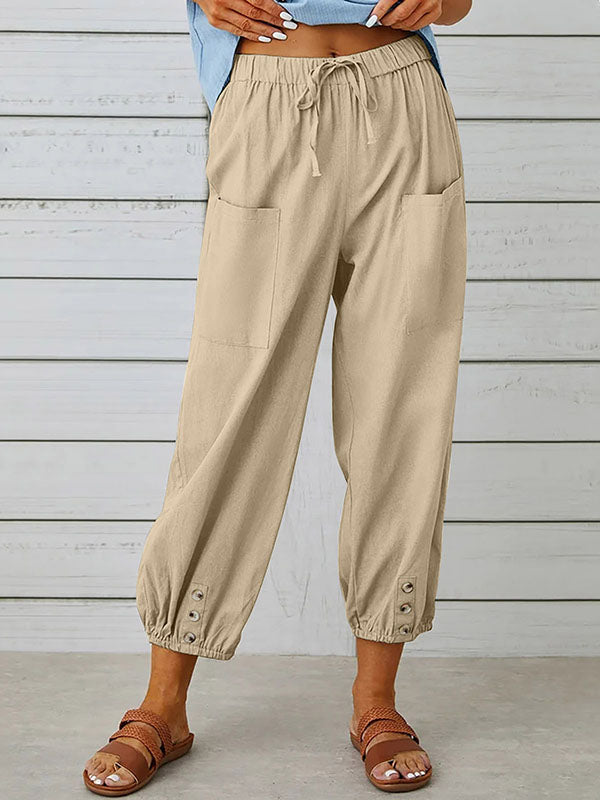 Pantalon ample boutonné taille haute, à cordon de serrage, à taille élastique, à poches, à empiècements