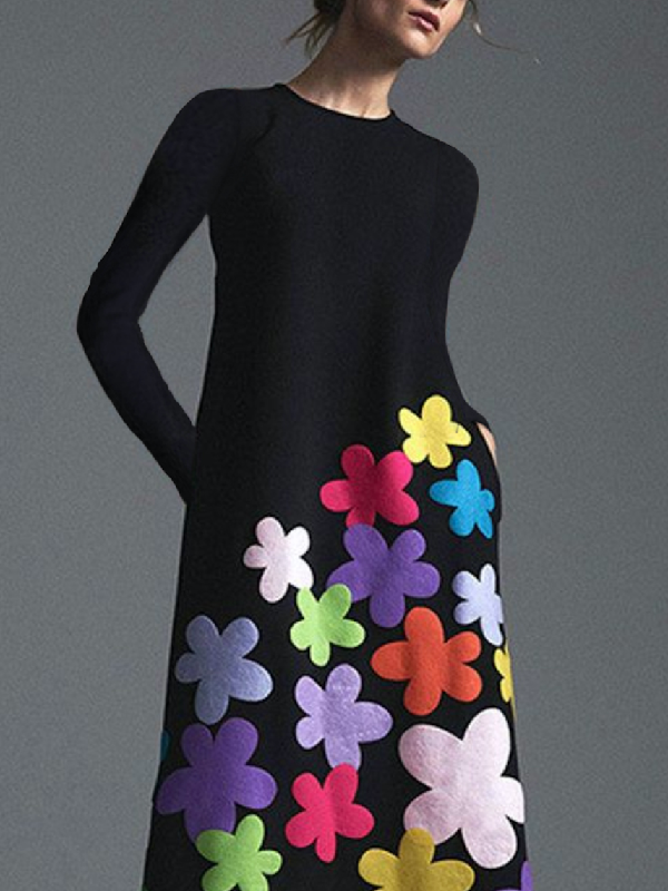 Robe longue asymétrique à manches longues, à fleurs, à col rond