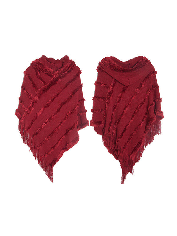 Cape châle chaude à capuche et pompons, couleur unie