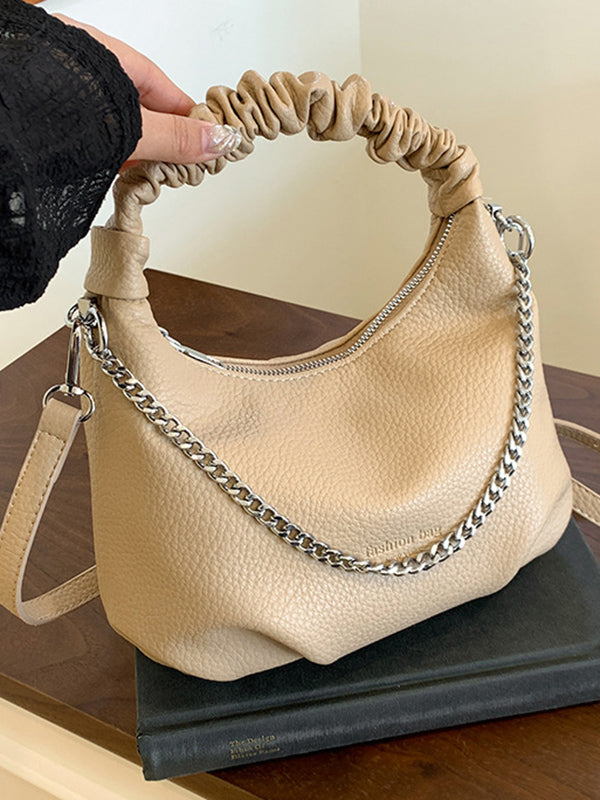 Sac à main plissé à chaîne, à fermeture éclair, couleur unie