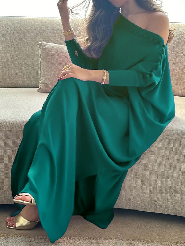 Robe longue ample boutonnée coupe droite, couleur unie