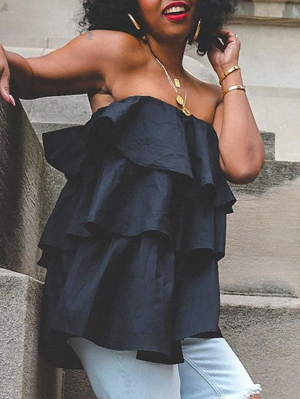 Débardeur ample superposé volanté coupe trapèze, à taille élastique, bustier, couleur unie