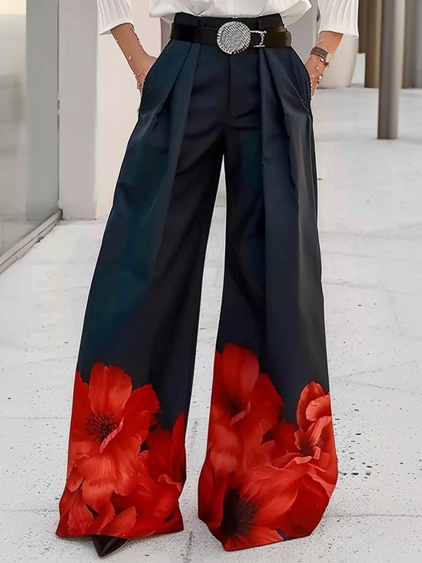 Pantalon ample plissé taille haute, à imprimé floral, à empiècements