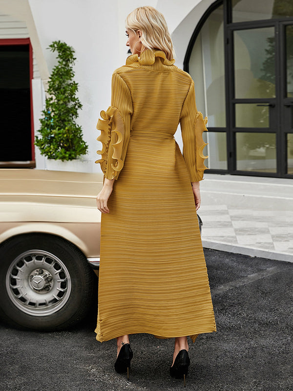 Robe longue ample nouée plissée à manches longues, à falbalas, à col en V, couleur unie