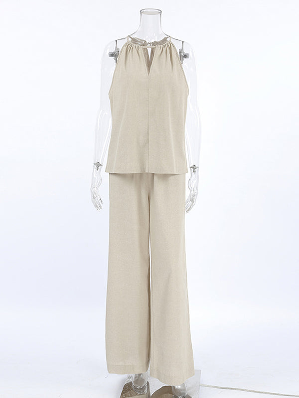 Gilet ample à col licou et pantalon taille haute élastique, ensemble deux pièces