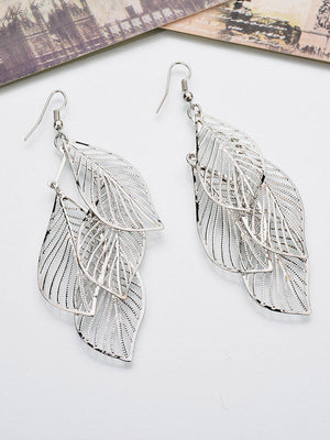 Argent élégant – Boucles d'oreilles anciennes à plusieurs couches et à structure ajourée en forme de feuille