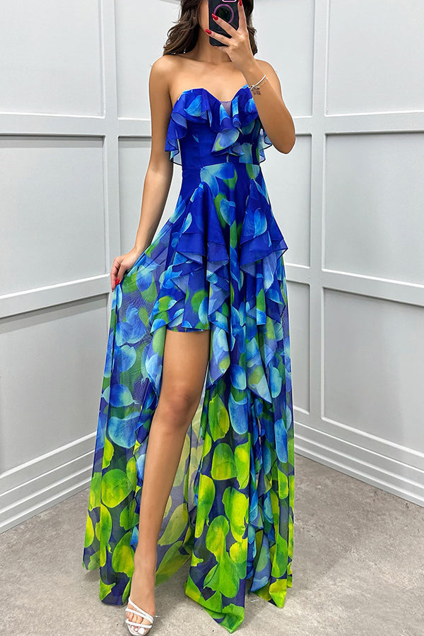 Georgia - Robe maxi sans épaules avec dégradé de couleurs, imprimé, volants et fente