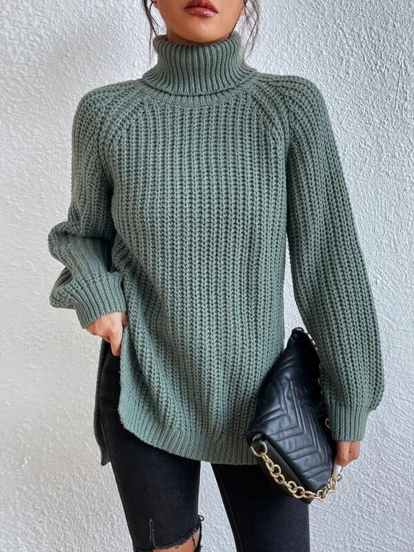 Pull ample fendu sur le côté à manches longues, à col haut, couleur unie