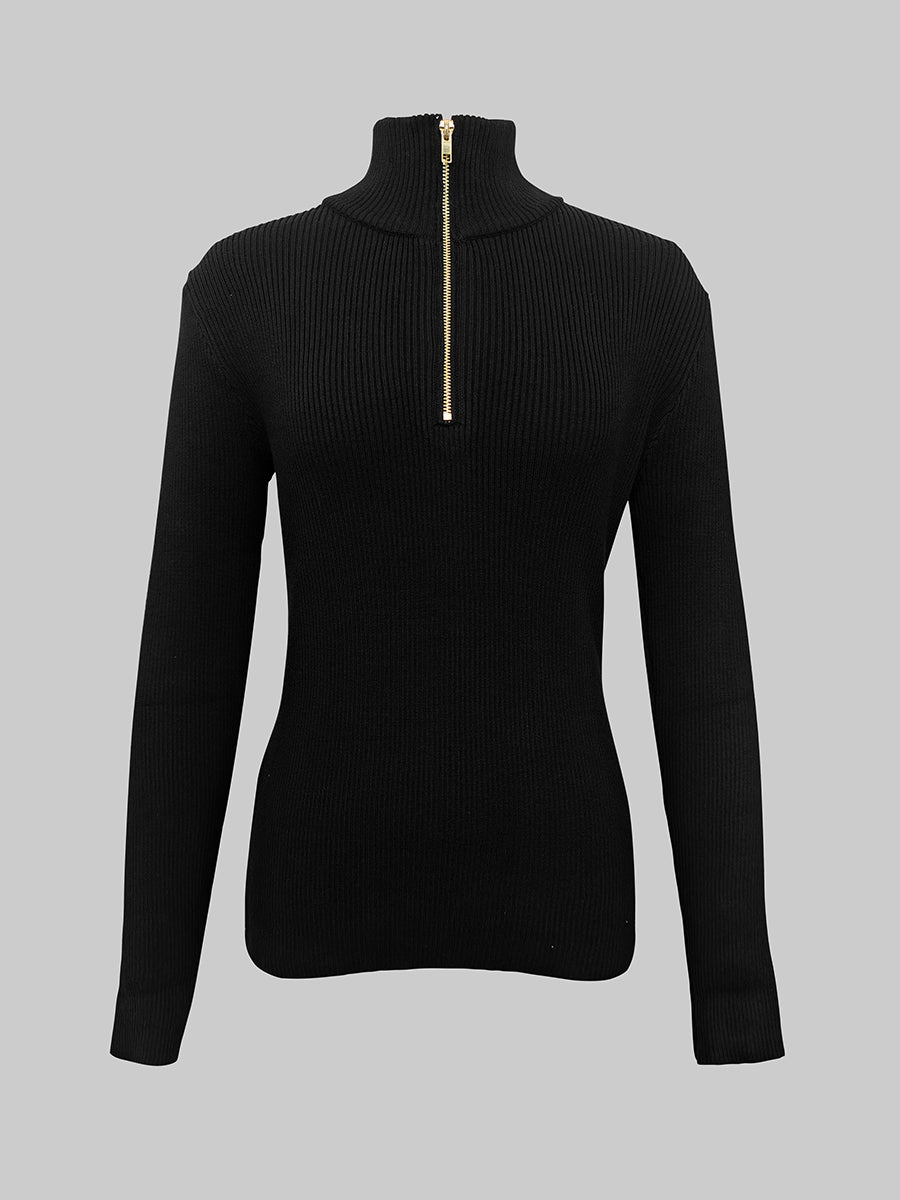 Pull à manches longues, coupe près du corps, à fermeture éclair, à col haut, couleur unie