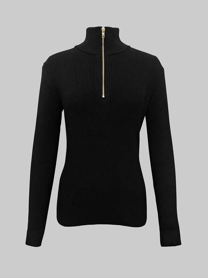Pull à manches longues, coupe près du corps, à fermeture éclair, à col haut, couleur unie