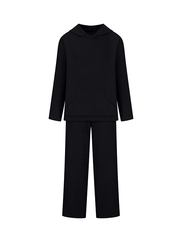 Ensemble deux pièces ample à col rond, à capuche, à manches longues, à cordon de serrage, couleur unie – pull + haut + pantalon