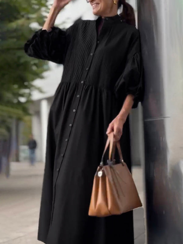 Robe longue boutonnée plissée ample à taille nouée, à manches mi-longues, à col montant, couleur unie