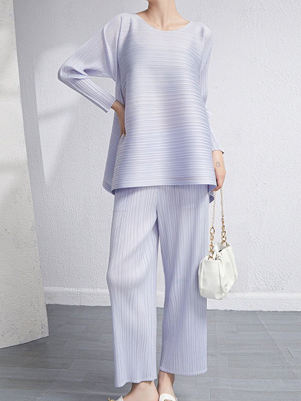 Ensemble deux pièces ample plissé à ourlet plongeant, à col rond, couleur unie – t-shirt + pantalon