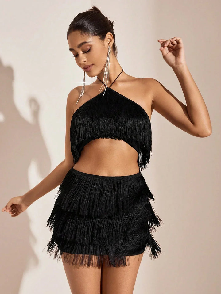 Ensemble top et jupe à franges chic pour femmes