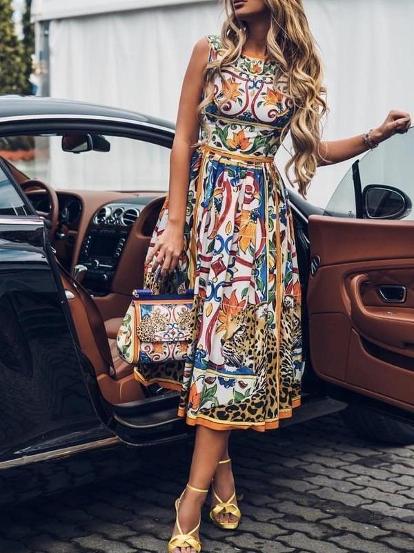Bibiana | Robe midi sans manches à imprimé rétro pour femmes