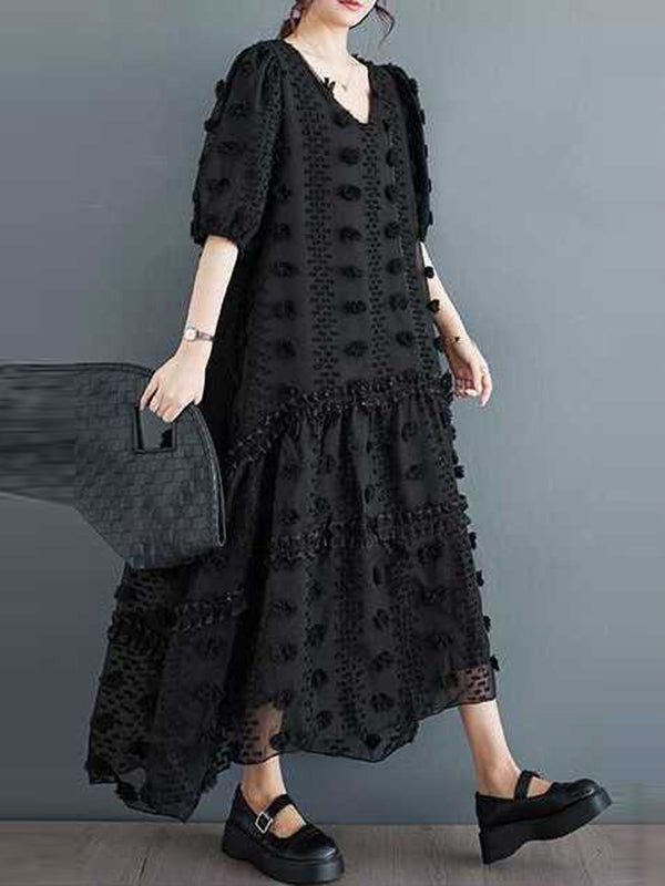 Robe mi-longue coupe trapèze, à manches mi-longues, à taille élastique, en jacquard, à empiècements, à col en V, couleur unie