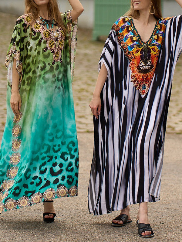 Robe longue de plage à manches chauve-souris, ample, imprimée, fendue sur le côté, rayée, col en V