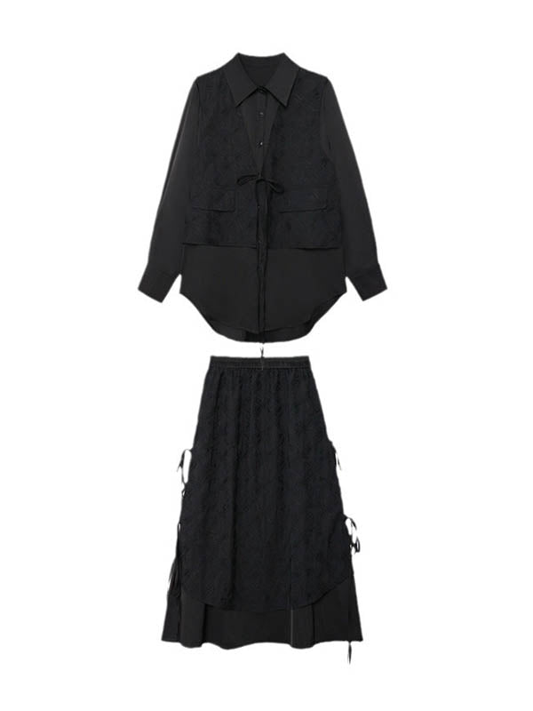 Ensemble deux pièces asymétrique boutonné à empiècements, à cordon de serrage, à imprimé floral, effet deux pièces, à col revers, à poches, à taille élastique, à double rang, couleur unie – chemisier + jupe