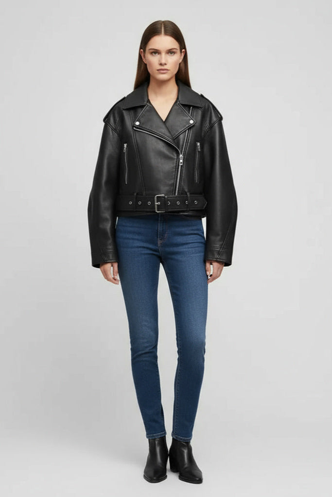 Zira | Veste en cuir pour femmes courte style biker avec ceinture