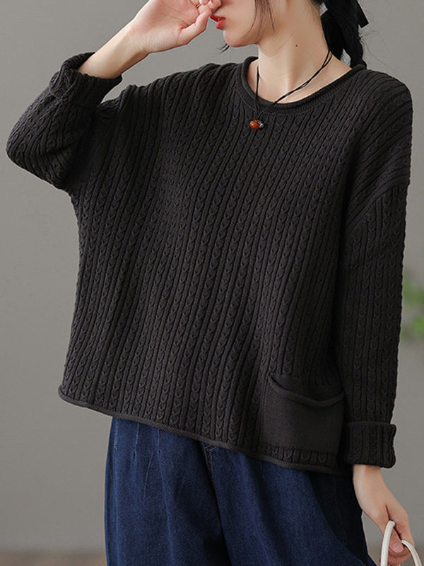 Pull artistique ample rétro, à manches longues, en jacquard, à col rond, couleur unie
