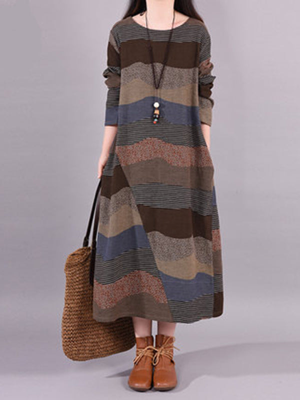 Robe mi-longue artistique ample rayée multicolore rétro, en coton et ramie, à col rond, à manches longues