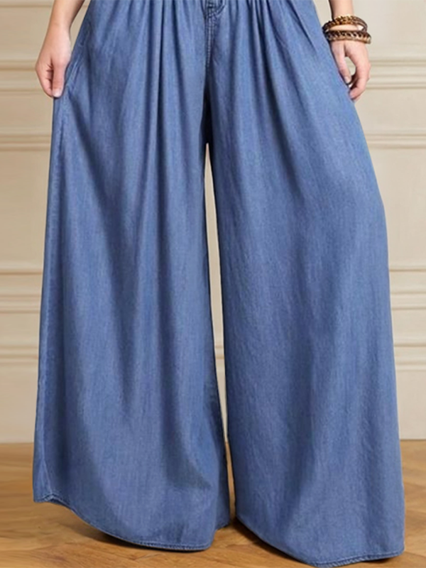 Pantalon ample boutonné à jambes larges, à fermeture éclair, couleur unie
