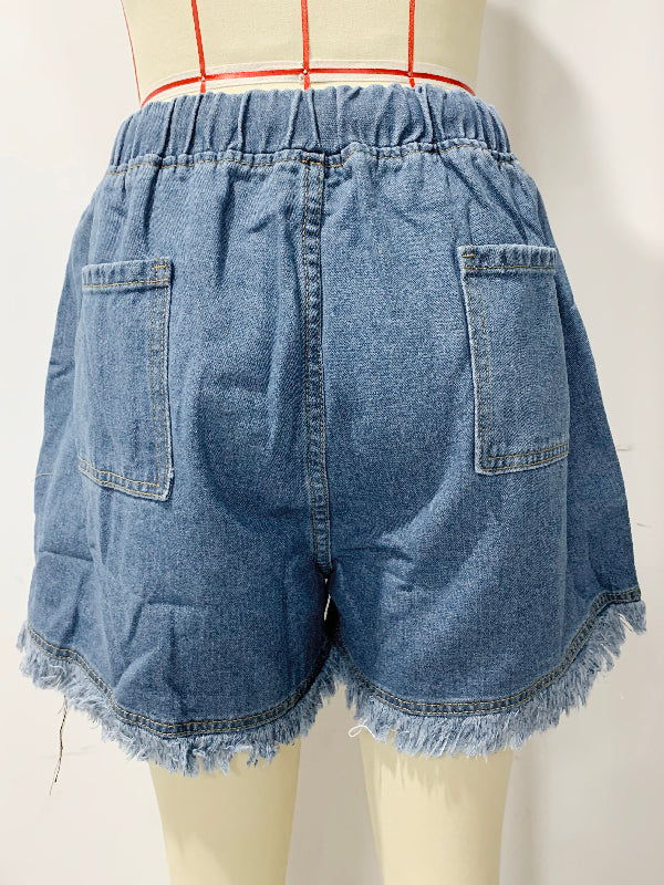 Short décontracté à cordon de serrage, taille haute, en jean, à franges