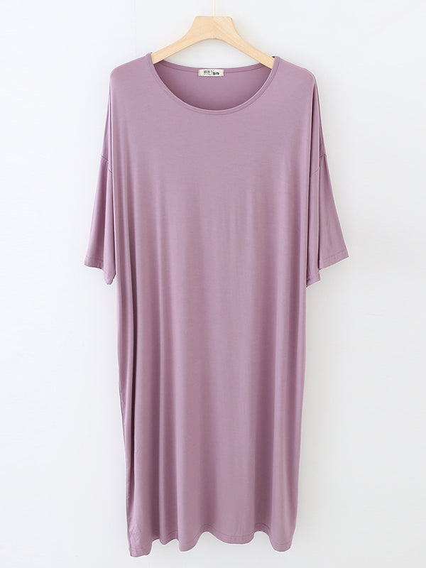 Robe de pyjama ample à taille haute, couleur unie, fendue, col rond