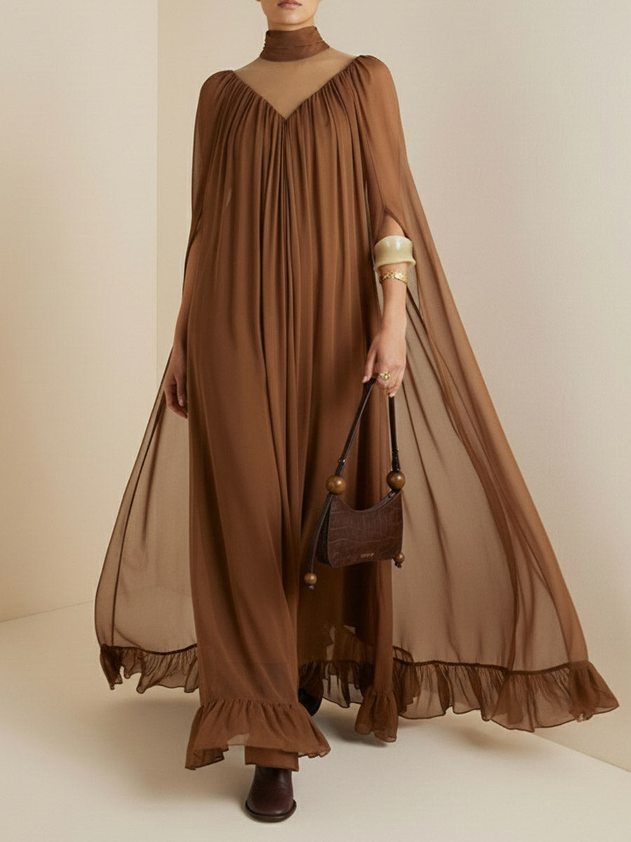 Robe longue superposée plissée volantée transparente style cape, à coupe irrégulière, à empiècements, à col haut, couleur unie
