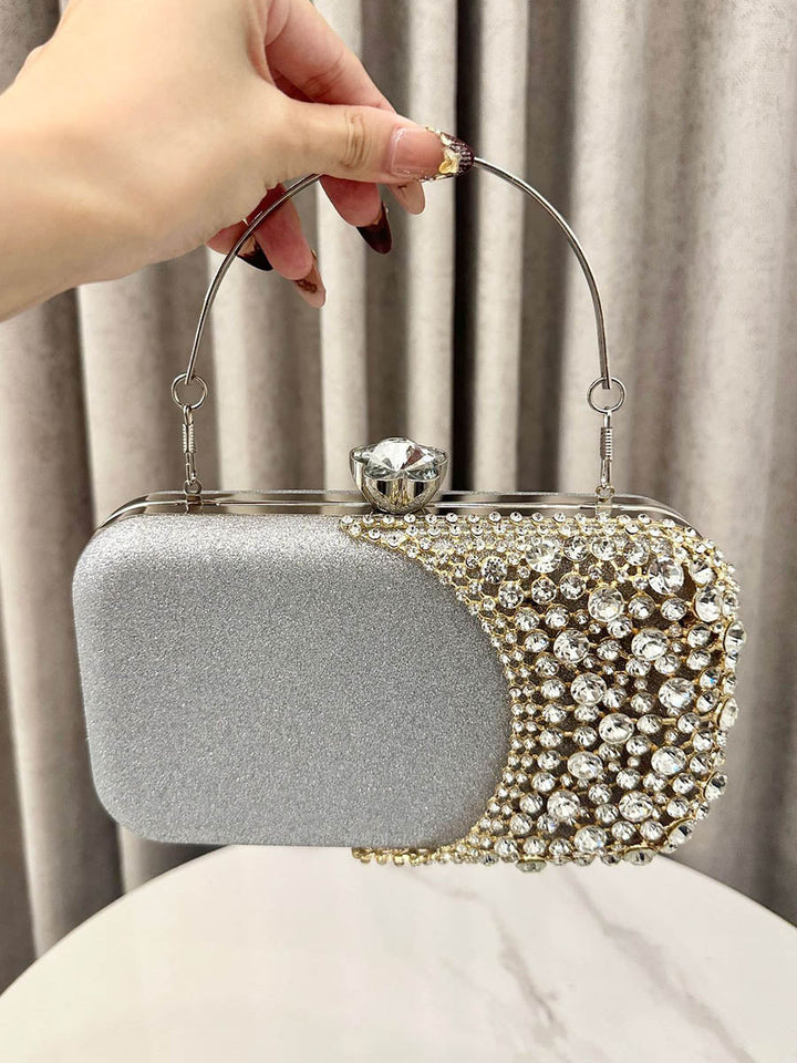 Pochette de soirée géométrique brillante à coupe irrégulière, à chaîne, à cadenas, à strass
