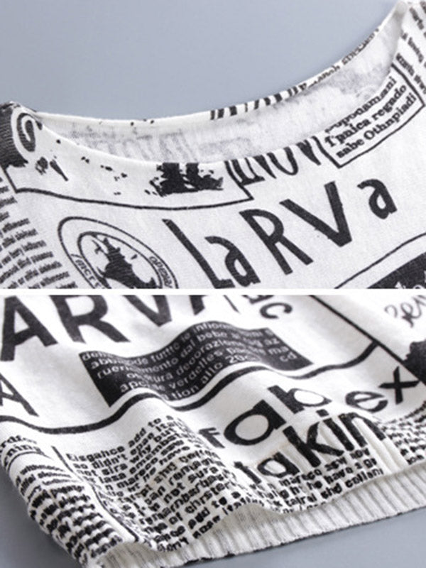 Pull vintage ample à une épaule imprimé journal à empiècements