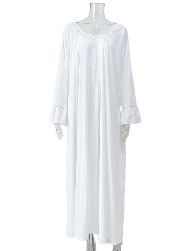 Robe longue ample plissée à manches évasées, à empiècements, à col rond, couleur unie