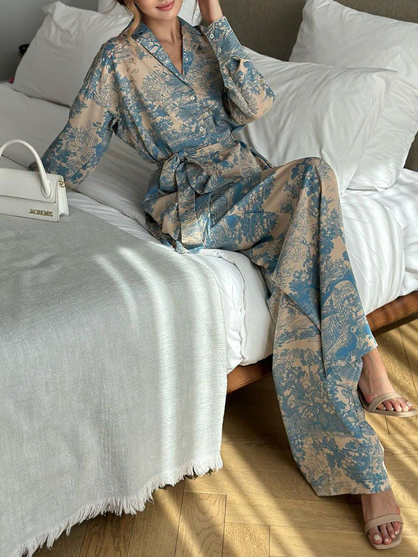 Ensemble deux pièces boutonné imprimé à manches longues, à taille nouée, à col cranté, taille haute – chemise + haut + pantalon