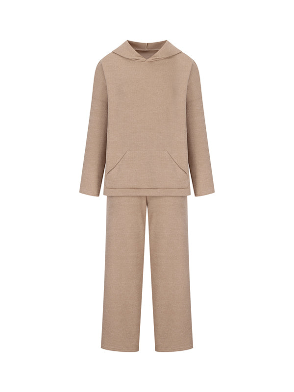 Ensemble deux pièces ample à col rond, à capuche, à manches longues, à cordon de serrage, couleur unie – pull + haut + pantalon