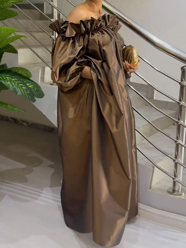 Robe longue ample plissée à manches bouffantes, à falbalas, à épaules dénudées, couleur unie