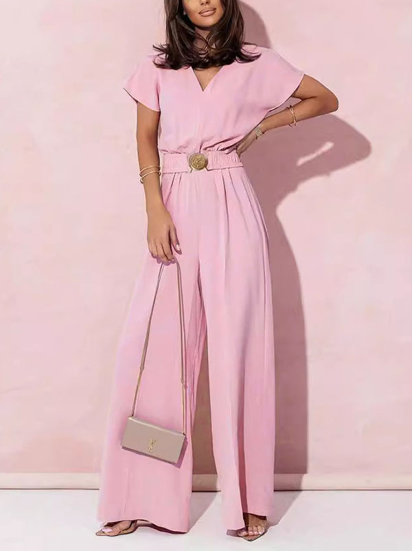 Combinaison ample plissée taille haute, avec ceinture, à col en V
