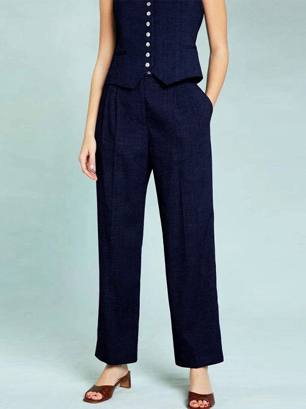 Ensemble deux pièces boutonné plissé sans manches, à décolleté en V profond, à jambes droites, couleur unie – débardeur + pantalon