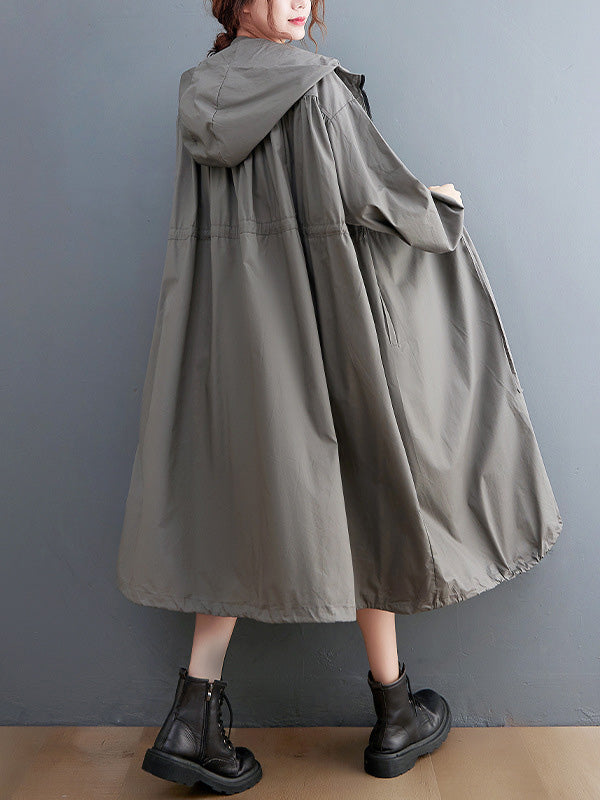 Trench-Coat décontracté à capuche, couleur unie, ample, fermeture éclair, cordon de serrage, manches longues