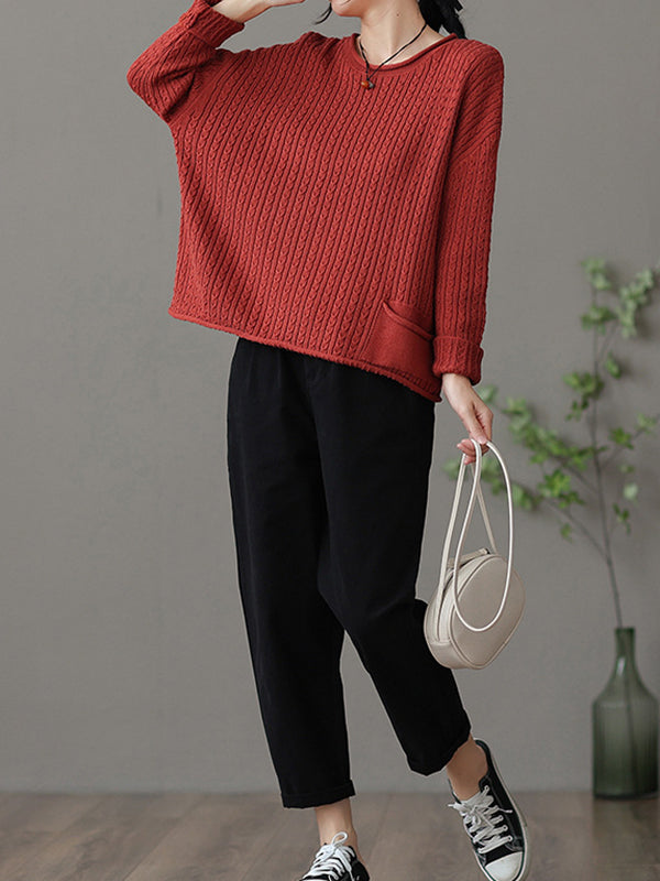 Pull artistique ample rétro, à manches longues, en jacquard, à col rond, couleur unie