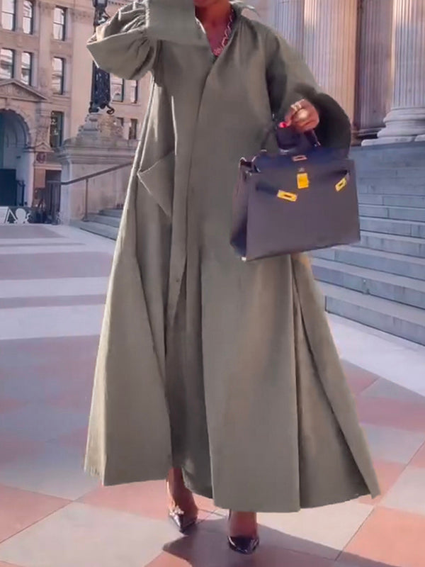 Robe chemise ample fendue sur le côté à manches longues, à empiècements, à col revers, couleur unie
