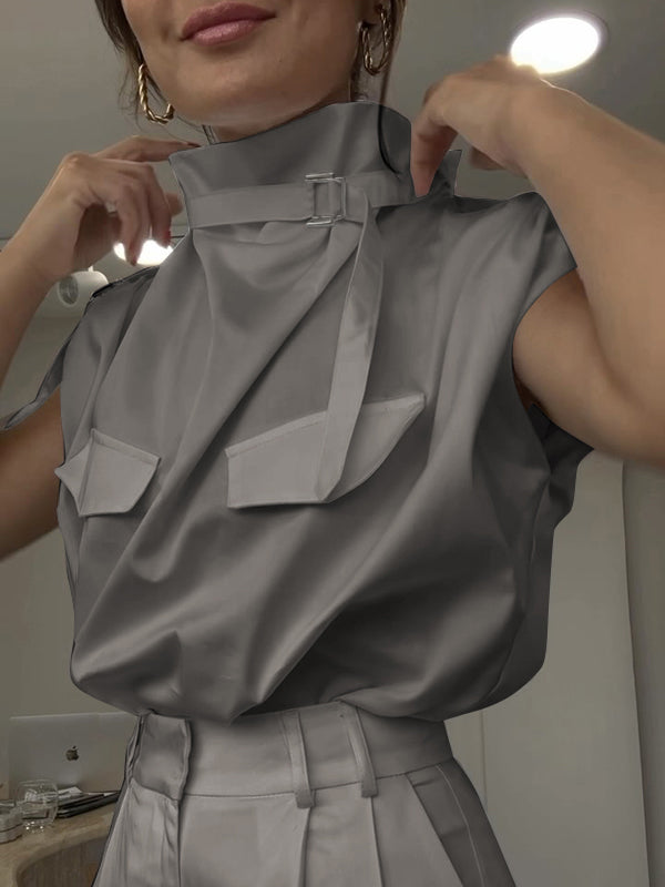 Chemisier ample sans manches, à boucle, à col montant, couleur unie