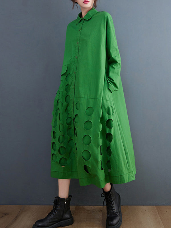 Robe mi-longue asymétrique ajourée coupe trapèze, à manches longues, à pois, à col revers, couleur unie