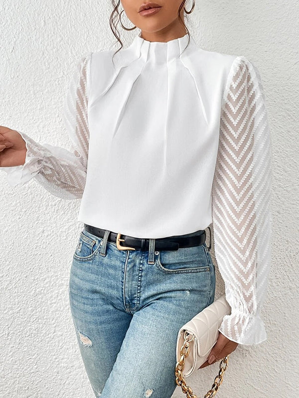 Chemisier ample plissé à manches longues, à taille élastique, en résille, à col cheminée, couleur unie