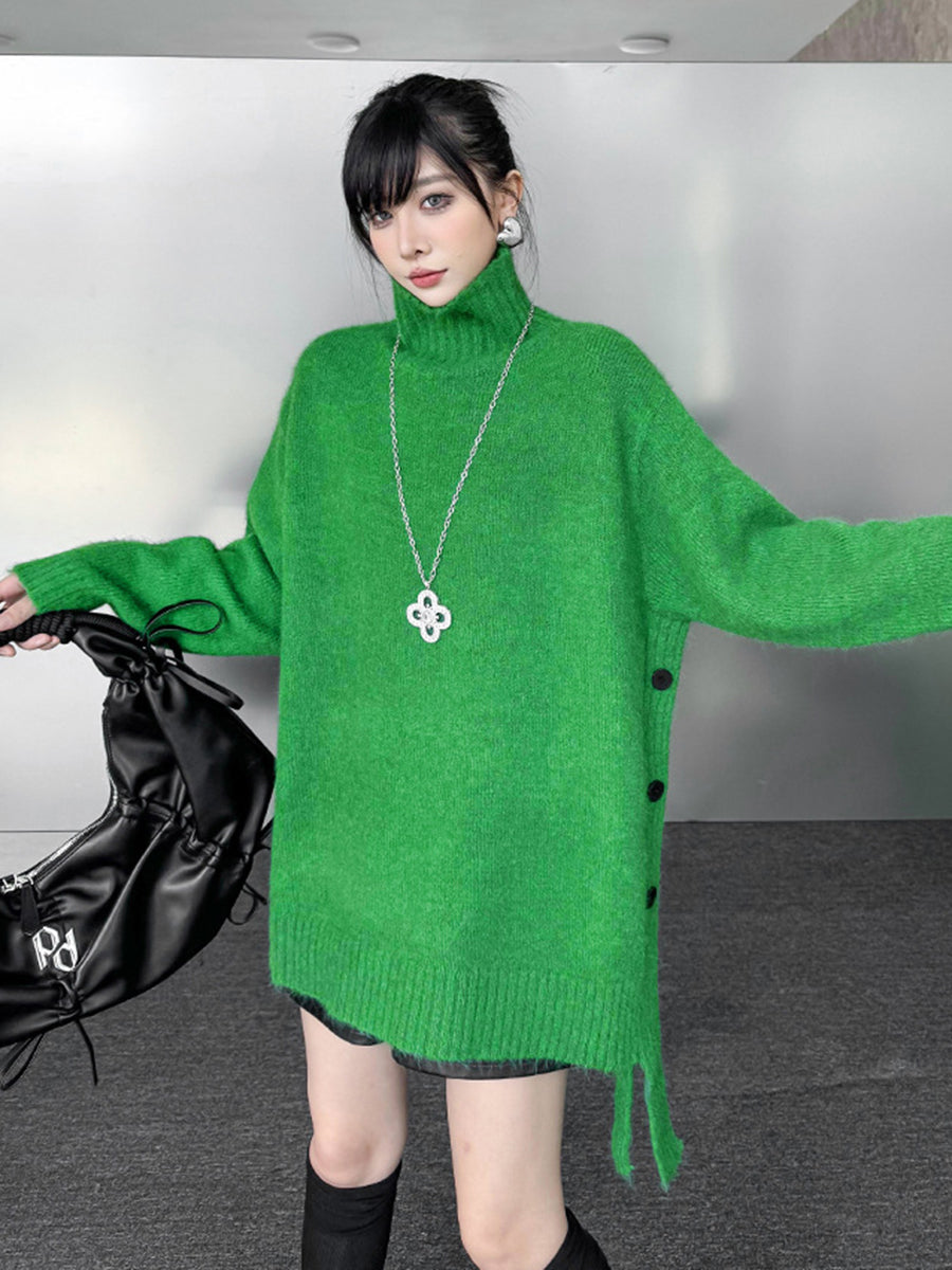 Irrégularité Manches Longues Côtes Boutonnées Couleur Unie Joint Fendu Col Haut Pull Hauts