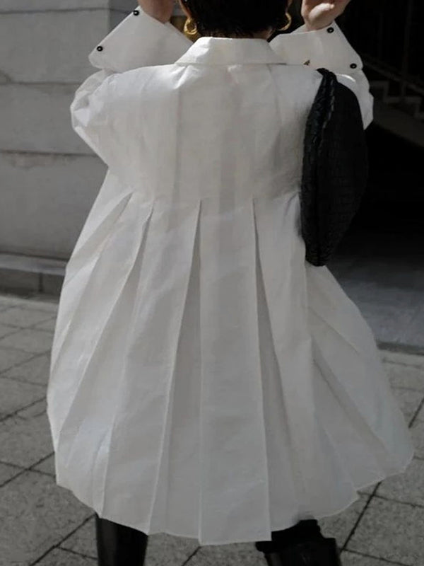 Robe chemise boutonnée plissée à manches longues, à col revers, couleur unie